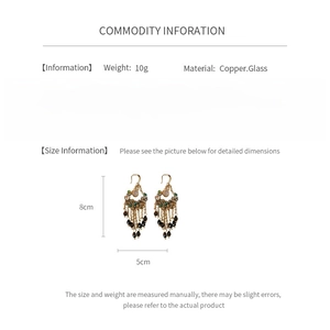 Detailed size specifications for zircon water drop tassel earrings showing 8cm height