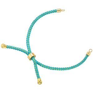 Detailaufnahme des gewebten türkisblauen Armbands mit verstellbarem Goldverschluss
