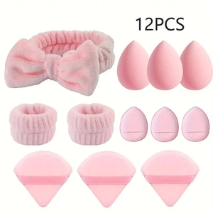 Comprehensive 12pcs pink makeup set with headband, wristbands, sponges and powder puffs