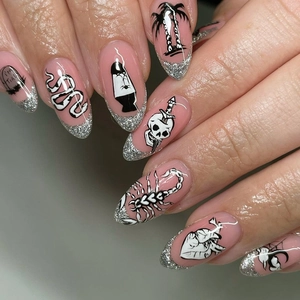 Faux Ongles à Coller Halloween Style Gothique Rose Noir Motif Crâne Serpent Cœur Amande Paillettes Argentées French Tip Ongles Complets pour Femmes