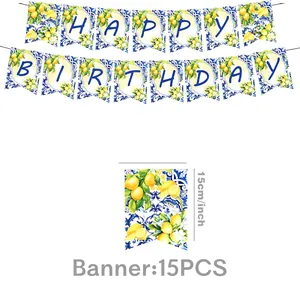 Detail of Mediterranean lemon happy birthday banner with 15 blue tile pattern flags