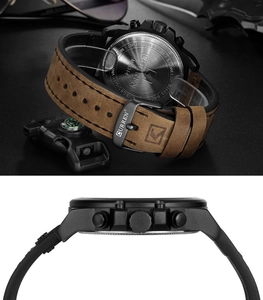 Detailed close-up of CURREN 8314 watch case back, leather strap and crown knobs