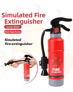 Detail of toy fire extinguisher with water spray function and manual pump handle
