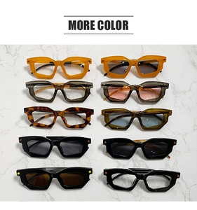 Detailed grid of fashion sunglasses in various colors on marble surface with text MORE COLOR