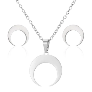 Silver moon-shaped jewelry set with matching necklace and stud earrings on white background