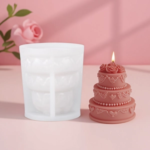 3-layer rose cake candle silicone mold with lace heart texture and finished pink candle