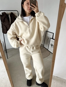 Felpa E Pantaloni Jogger Da Donna In Cotone Felpato Di Agnello Casual Mezza Zip Collo Alto Caldo Invernale Sportivo