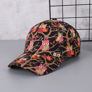 Black baseball cap with colorful cartoon owl print for stylish outdoor sun protection