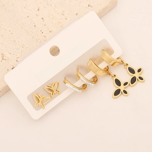 Three-pair gold stainless steel earring set featuring butterfly and zircon designs