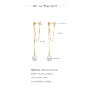 Detailed specs of S925 silver pearl drop earrings with AAAAA zircon and chain link design
