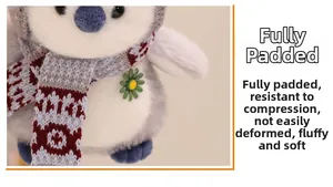 Close-up of cute plush penguin face with soft grey fur and red checkered scarf detail