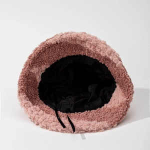 Pink plush bucket hat for women with warm thickened fleece and adjustable inner drawstring