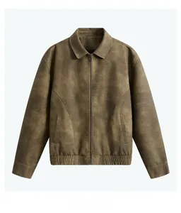 Vue de face du blouson aviateur marron-vert vintage avec poignets côtelés et détails