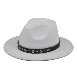 Classic white wool fedora hat with a black turquoise-studded band and silver buckles