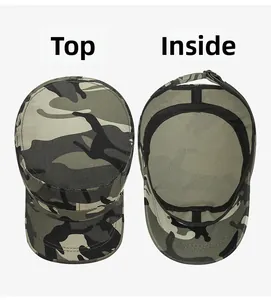Detail view of camouflage military flat top hat showing top crown and inner sweatband
