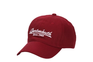 Close-up of white Dartmouth Since 1993 embroidery on burgundy cotton baseball cap