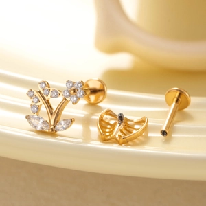G23 F136 titanium gold flower labret stud with cubic zirconia and threaded screw back