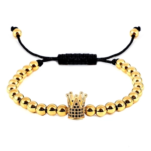 Crown Charm Stainless Steel Beads Adjustable Braided Rope Pavé Black Zirconia Vintage Style Men Bracelet