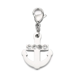 Polished stainless steel anchor pendant with sparkling crystals and lobster clasp