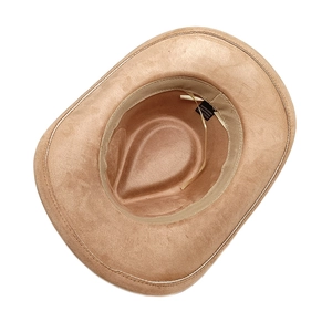 Classic tan faux suede cowboy hat featuring a wide brim and 100% polyester material