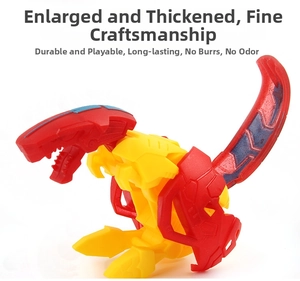 Macro detail of a red and yellow mechanical dinosaur robot with high-quality plastic finish