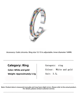 Detail shot of 3mm open adjustable ring with colorful cubic zirconia and dimensions