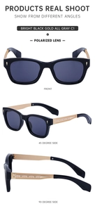Detailed multi-angle view of polarized sunglasses in shiny black and gold finish