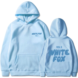 Detailed front and back view of light blue printed hoodie with soft cotton texture