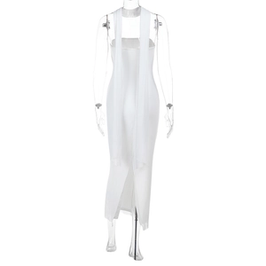 Detail view of the white slim-fit maxi dress back with elegant shoulder drape detail
