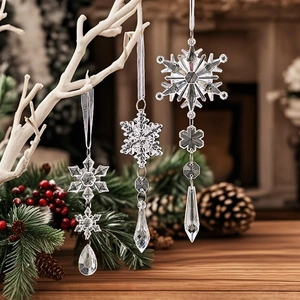 Elegant clear crystal snowflake ornaments set with silk ribbons for Christmas tree decoration