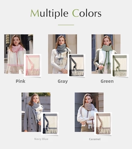 Close-up showing the soft fringe texture and color options of the cashmere-like scarf