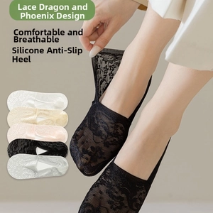 Detail view of floral lace boat socks with silicone non-slip heel design for women