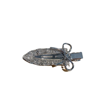 Silver metal bow hair clip with sparkling rhinestones and pearls for girls and women