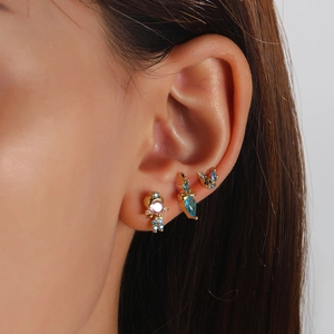 Cute 18K gold plated silver stud earrings with cartoon figures and colorful zircons