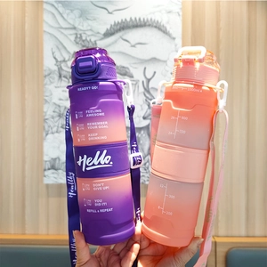 Detail view of 32oz gradient plastic water bottle with time markers and carry strap