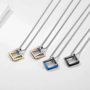 Geometric Interlocking Square Pendant Necklace Alloy Box Chain Hip Hop Jewelry For Men And Women Rhinestone Accents