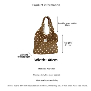 Detailed size chart for brown polka dot corduroy tote bag with internal pocket dimensions