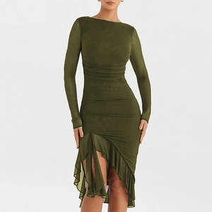 Robe Mi-Longue Moulante Froncée Patchwork En Maille Manches Longues Dos Nu Ourlet À Volants Asymétrique Sexy