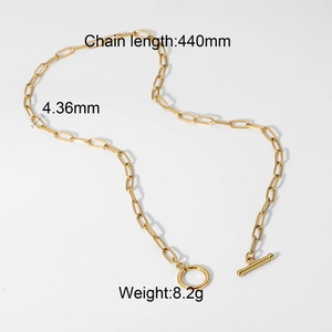 Gold plated stainless steel paperclip chain necklace with T-bar OT toggle clasp