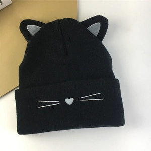 Cute black cat ear knit beanie for women with embroidered heart and whiskers detail
