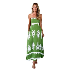Ethnic style green backless halter dress with white embroidery and slimming fit design