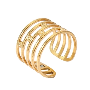 Detail of 18k gold plated open ring featuring multi-layer parallel lines and circular accents