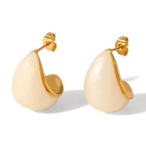 Detailed view of pearlescent water-drop earrings with gold-plated stainless steel edges