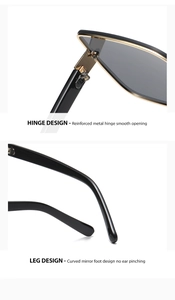 Detail of reinforced metal hinges and ergonomic curved temples on black cat-eye sunglasses