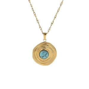 Gold plated stainless steel necklace with spiral texture pendant and turquoise gemstone
