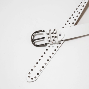 White leather Y2K punk belt with metal rivets and gunmetal D-ring buckle for women
