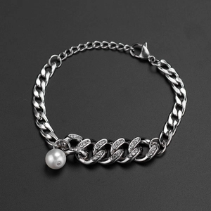 Cuban link chain bracelet with white pearl pendant and shimmering rhinestone accents