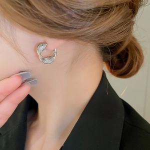 Close-up of silver-tone twisted textured hoop earrings worn by a model in warm light