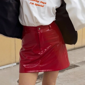 Red high-waist PU leather mini skirt featuring a glossy finish and bodycon fit for women