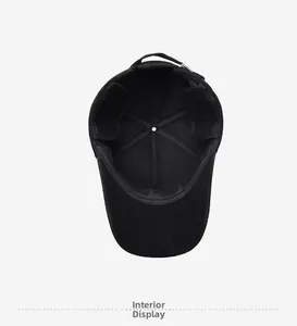 Internal view of a warm black baseball cap with reinforced stitching and sweatband